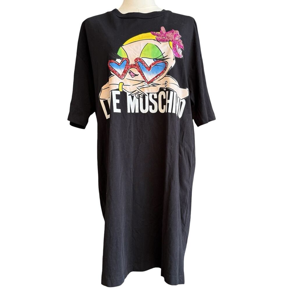 Love Moschino Graphic Print Logo Sequin Black T Shirt Mini Dress
